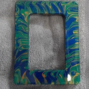 Hand Crafted Wooden Picture Frame Resin Fluid Art Green Blue Gold Essential